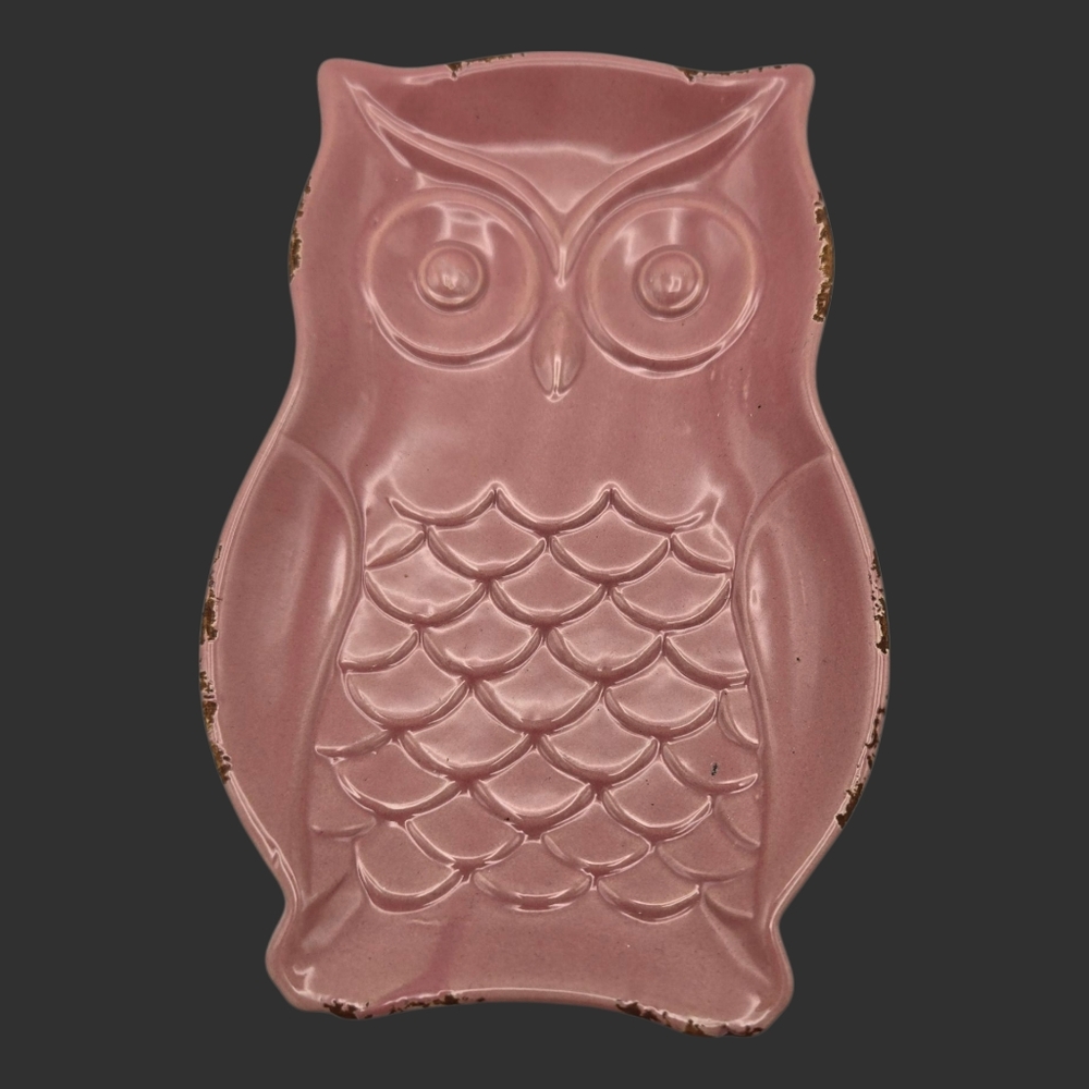 Distressed Look Pink & Black Owl Shaped Trinket Dish Spoon Rest
